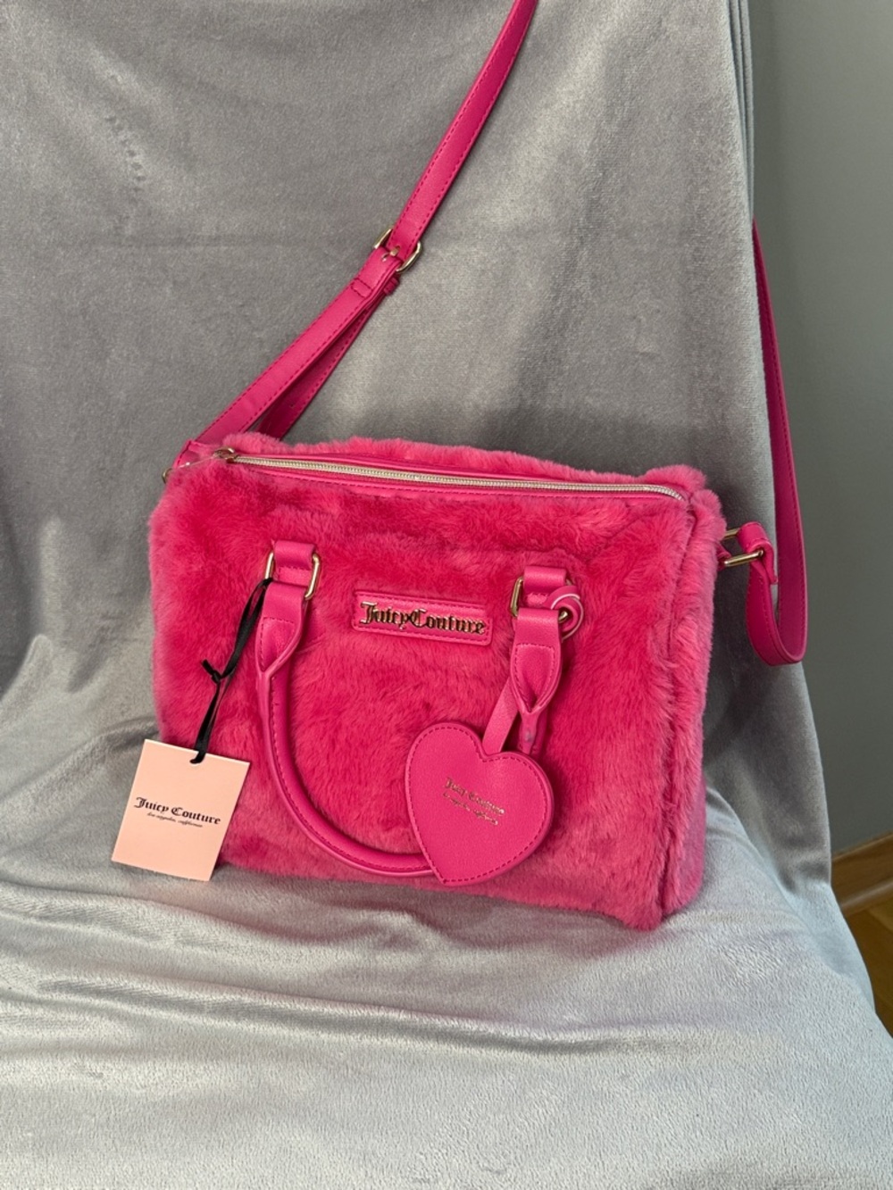 Juicy Couture Hot Pink Faux Fur Shoulder Bag with Heart Charm